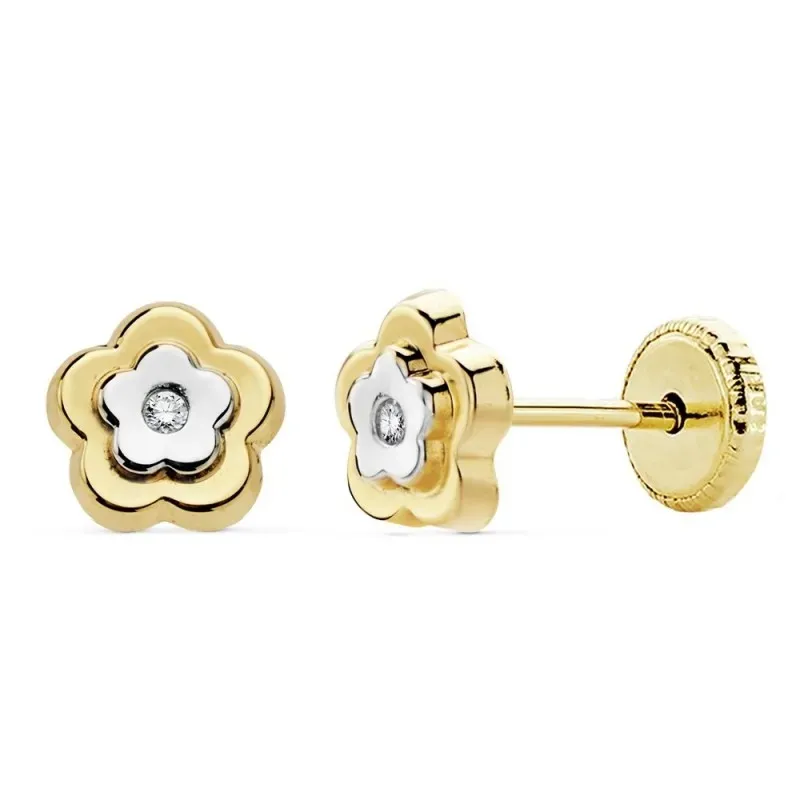 Pendientes oro 18k bicolor 6mm. niña motivo flor circonita [AC0150]