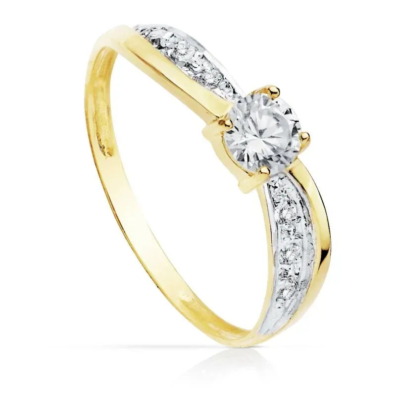 Solitario oro 18k bicolor circonita 4mm. bandas [AC0155]