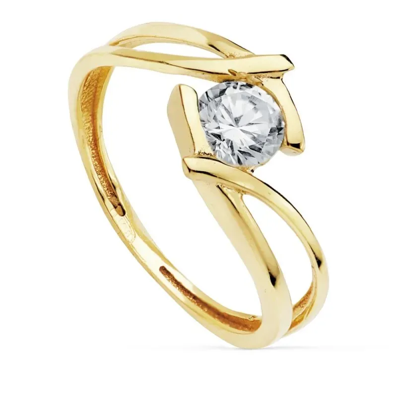 Solitario oro 18k circonita 5mm. bandas cruzadas [AC0179]