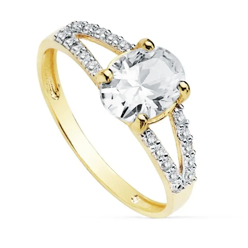 Solitario oro 18k bicolor circonita oval 8x6mm. dos bandas [AC0183]