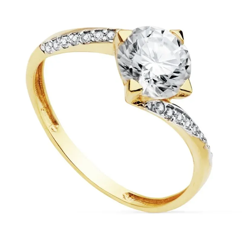 Solitario oro 18k bicolor circonita 7mm. banda circonitas [AC0186]