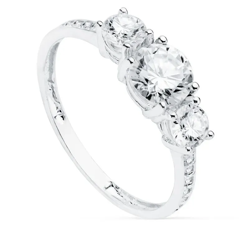 Sortija oro blanco 18k modelo tresillo piedras circonitas [AC0189]