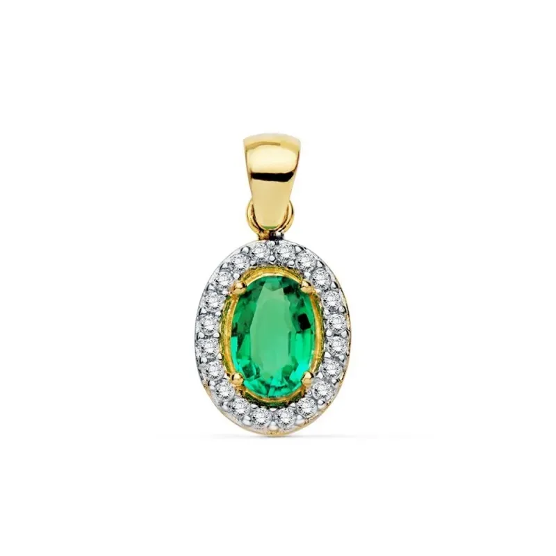 Colgante oro 18k bicolor 10mm. piedra verde 6x4mm. circonitas [AC0197]