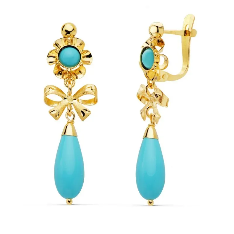 Pendientes oro 18k largos 33mm. lazo piedra color azul [AC0207]