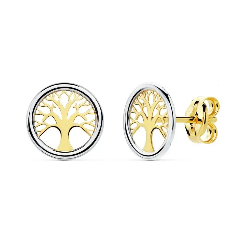 Pendientes oro 18k bicolor 8mm. árbol de la vida cerco calado [AB9810]