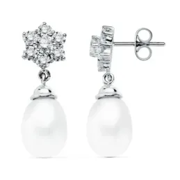Pendientes oro blanco 18k largos 24mm. perlas lágrimas [AC0905]