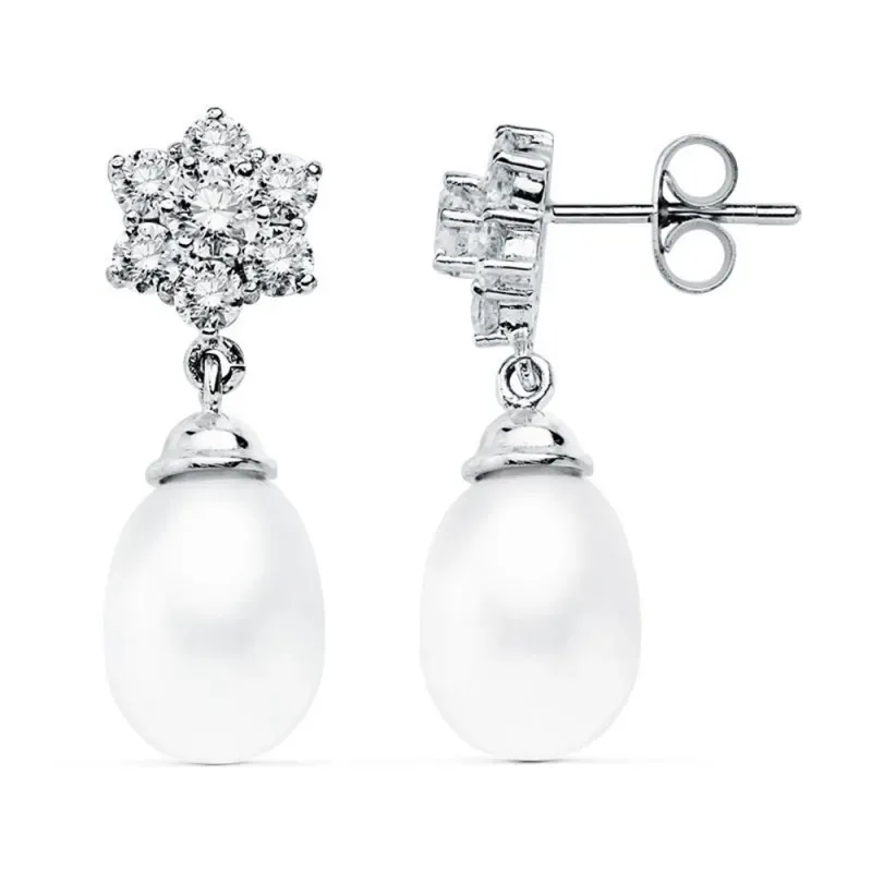 Pendientes oro blanco 18k largos 24mm. perlas lágrimas [AC0905]