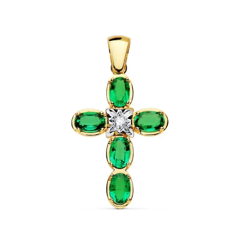 Colgante oro 18k cruz 28mm. esmeralda brillante 0.045ct. [AC0917]