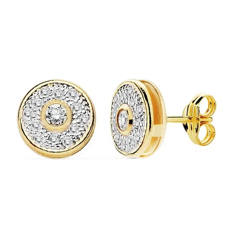 Pendientes oro bicolor 18k redondos 8mm. circonitas presión [AC0919]