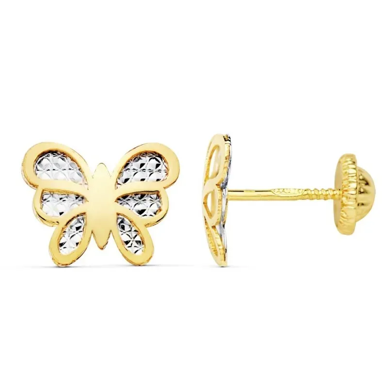 Pendientes oro bicolor 18k mariposa 10mm. centro tallado [AC0933]