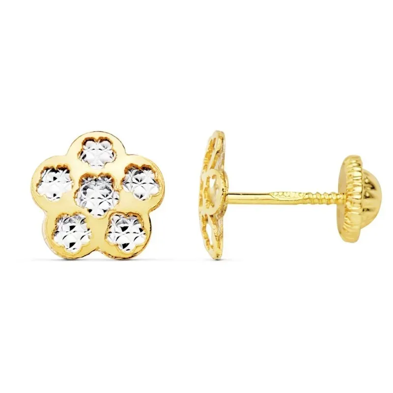 Pendientes oro bicolor 18k flor 8mm. centro tallado tuerca [AC0934]