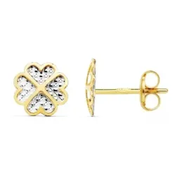 Pendientes oro bicolor 18k trébol 8mm. centro tallado tuerca [AC0935]
