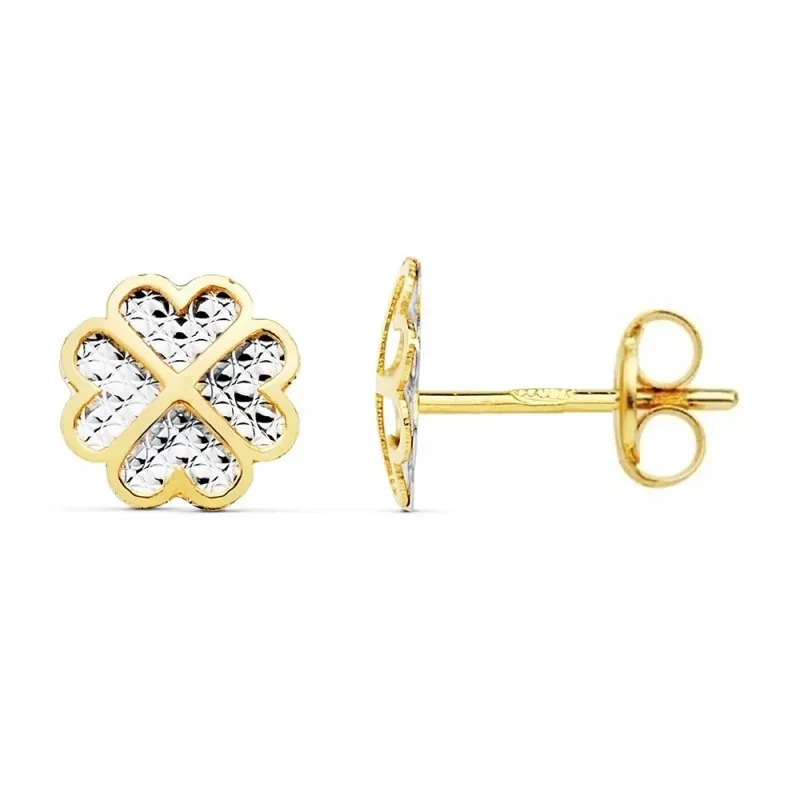 Pendientes oro bicolor 18k trébol 8mm. centro tallado tuerca [AC0935]