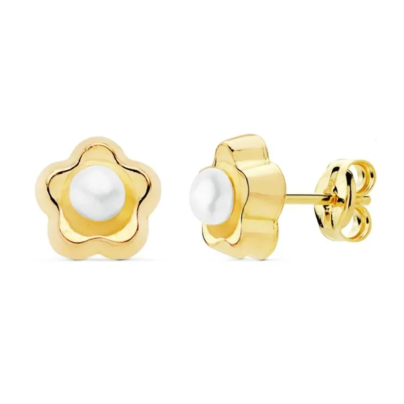 Pendientes oro 18k flor 8mm. centro perla 3.5mm. presión [AC0938]