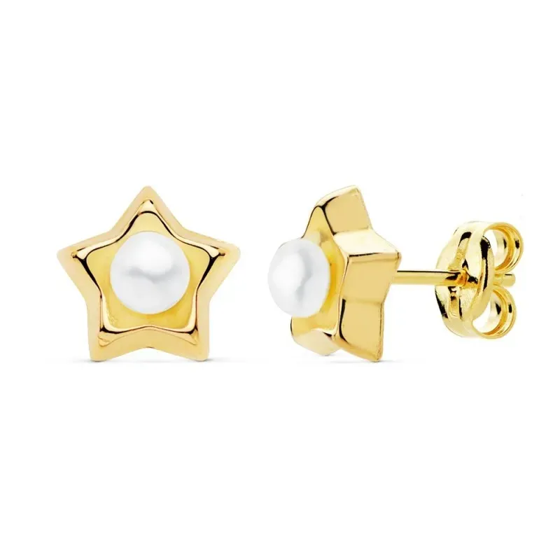 Pendientes oro 18k estrella 8mm. centro perla 3.5mm. presión [AC0939]
