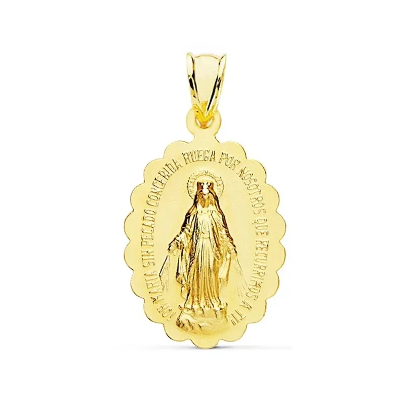 Medalla oro 18k Virgen Milagrosa 28mm. oval cerco tallado [AC0961]