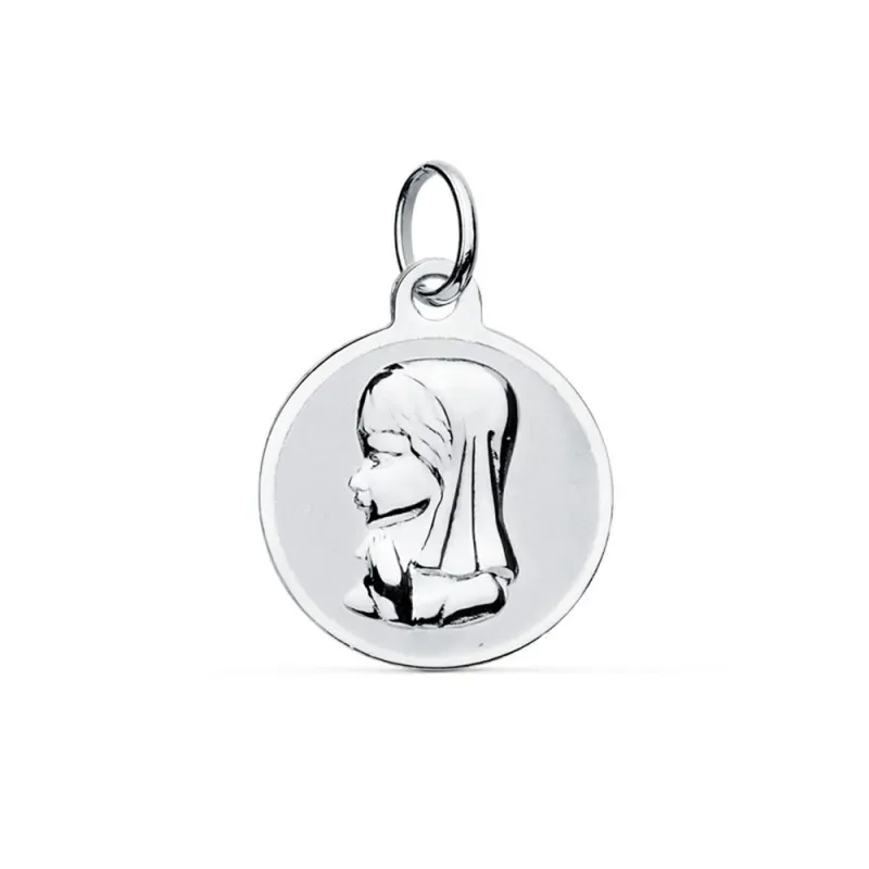 Medalla oro blanco 9k Virgen Niña 14mm. borde liso [AC0964]
