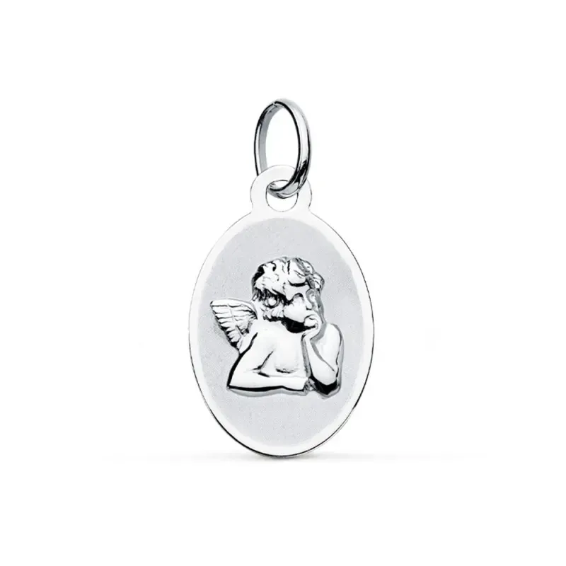 Medalla oro blanco 9k Angelito 17mm. oval cerco liso [AC0965]
