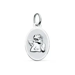 Medalla oro blanco 9k Angelito 17mm. oval cerco liso [AC0965GR]