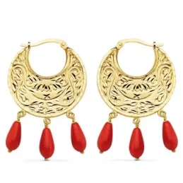 Pendientes oro 18k aros 32mm lágrimas coral sintético [AC0977]