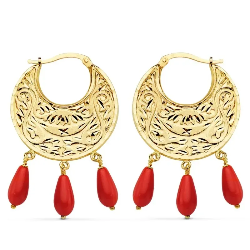 Pendientes oro 18k aros 32mm lágrimas coral sintético [AC0977]