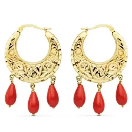 Pendientes oro 18k aros 25mm lágrimas coral sintético [AC0982]
