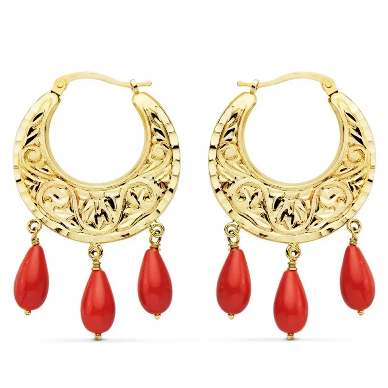 Pendientes oro 18k aros 25mm lágrimas coral sintético [AC0982]
