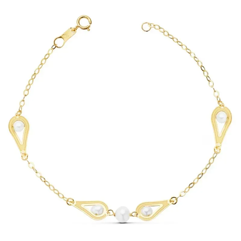 Pulsera oro 18k 18cm. perlas naturales motivos cadena [AC0987]