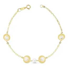 Pulsera oro 18k 18cm cadena perlas naturales motivos círculos [AC0988]