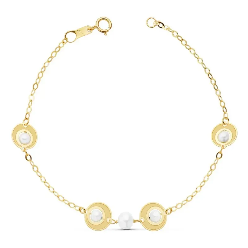 Pulsera oro 18k 18cm cadena perlas naturales motivos círculos [AC0988]