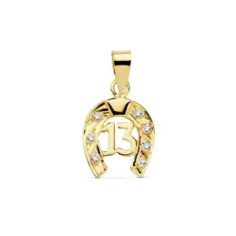 Colgante oro 18k herradura 14mm. número 13 amuleto suerte [AC1057]