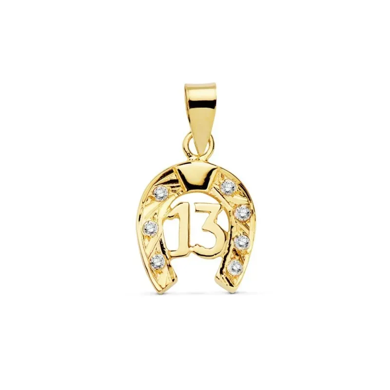 Colgante oro 18k herradura 14mm. número 13 amuleto suerte [AC1057]