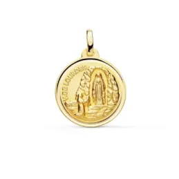Medalla oro 18k Virgen de Lourdes 18mm. redonda cerco bisel