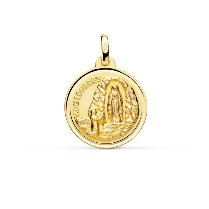 Medalla oro 18k Virgen de Lourdes 18mm. redonda cerco bisel