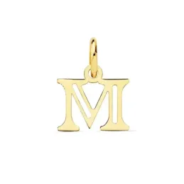 Colgante oro 18k letra M mayúscula 12mm. doble tira calada lisa