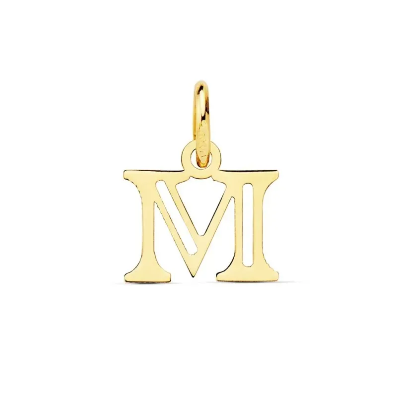 Colgante oro 18k letra M mayúscula 12mm. doble tira calada lisa