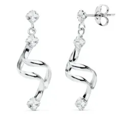 Pendientes oro blanco 18k mujer largos 30mm. puntas circonitas forma tirabuzón cierre presión