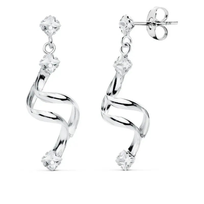 Pendientes oro blanco 18k mujer largos 30mm. puntas circonitas forma tirabuzón cierre presión