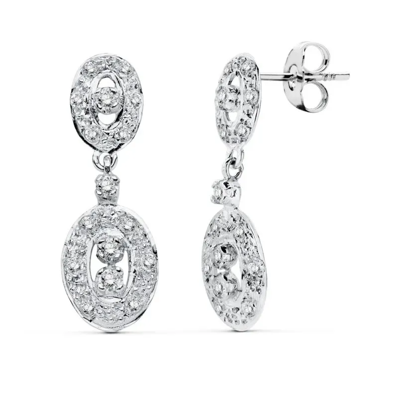 Pendientes oro blanco 18k largos 22mm. circonitas forma redonda centro calado cierre presión