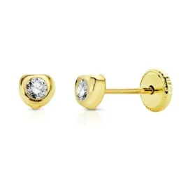 Pendientes oro 18k niña forma corazón 4mm. centro circonita 3mm. redonda cierre tornillo