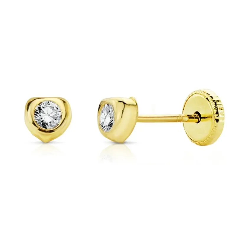 Pendientes oro 18k niña forma corazón 4mm. centro circonita 3mm. redonda cierre tornillo