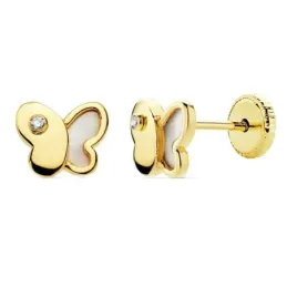 Pendientes oro 18k niña forma mariposa 7mm. nácar circonita cierre tornillo