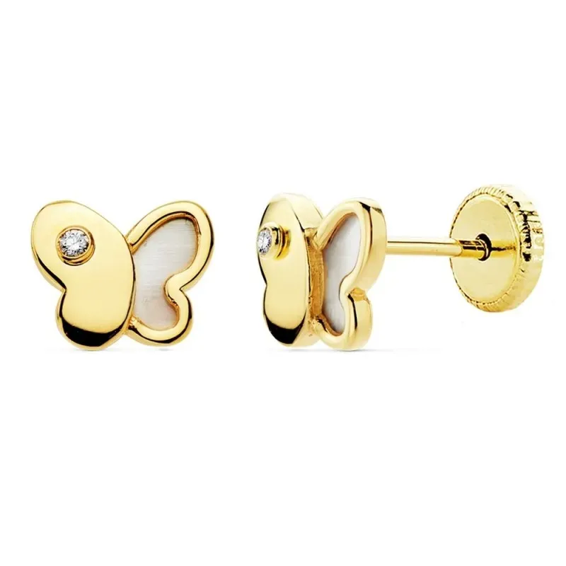 Pendientes oro 18k niña forma mariposa 7mm. nácar circonita cierre tornillo