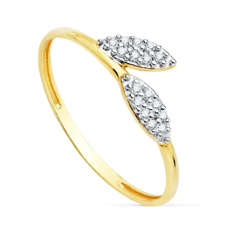 Sortija oro bicolor 18k mujer detalle hojas circonitas