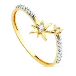 Sortija oro bicolor 18k centro circonitas motivos estrellas bandas laterales circonitas