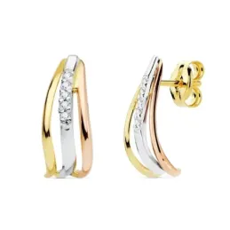 Pendientes oro tricolor 18k bandas lisas 15mm. centro circonitas cierre presión