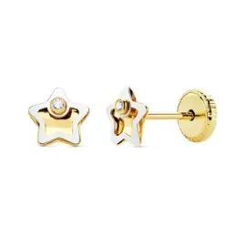 Pendientes oro bicolor 18k niña 5mm. estrella centro tallado borde punta circonita cierre tuerca