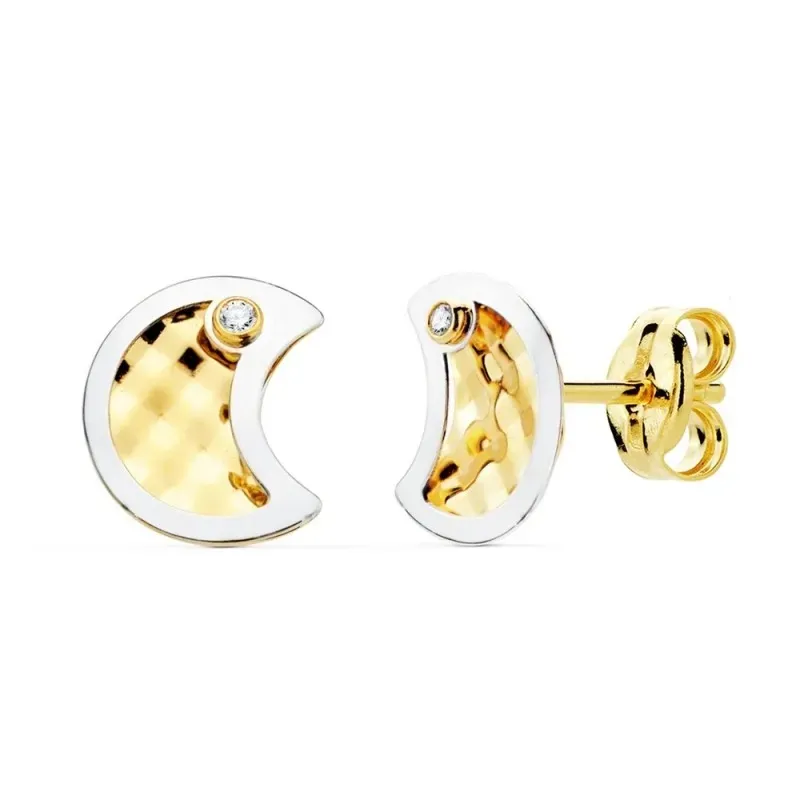 Pendientes oro bicolor 18k mujer 8mm. luna centro tallado borde punta circonita cierre presión