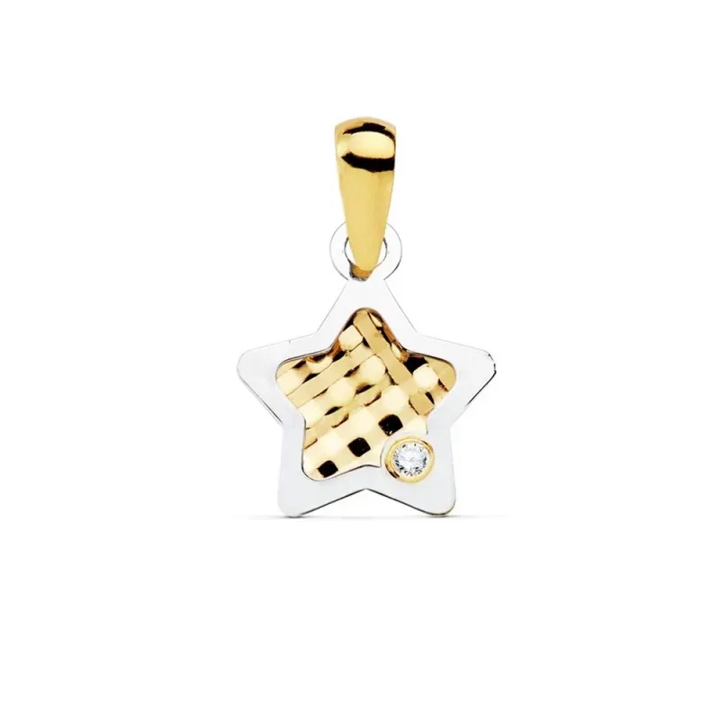 Colgante oro bicolor 18k mujer 10mm. estrella centro tallado borde punta circonita