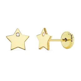 Pendientes oro 18k niña 6mm. estrella lisa punta circonita cierre tuerca